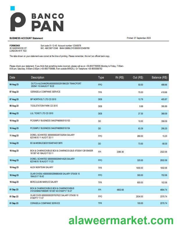 Banco Pan Bank firm account statement Word and PDF template